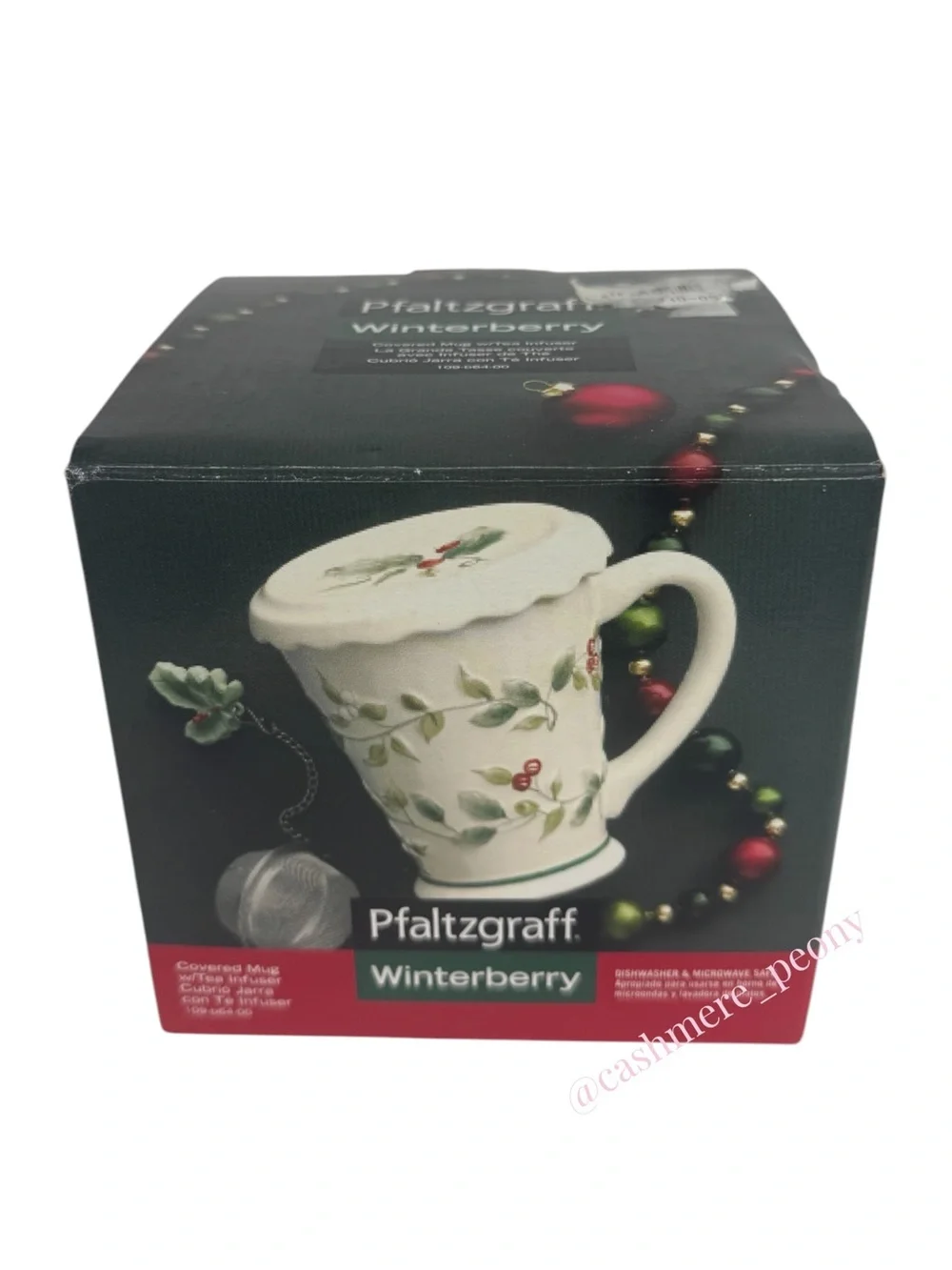 Pfaltzgraff Winterberry Holly Ceramic Tea Mug with Infuser and Lid NIB